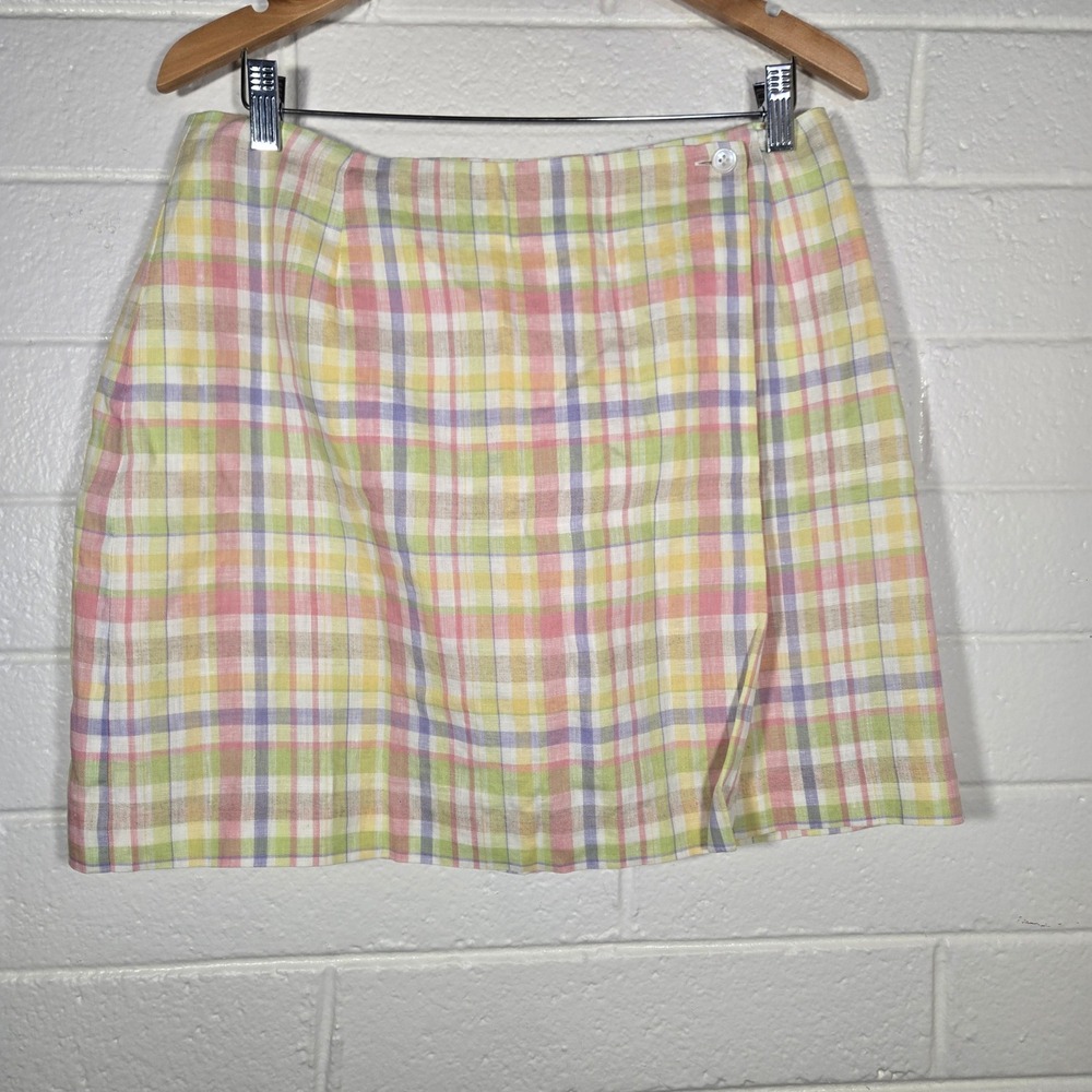 Vtg Liz Claiborne Pastel Plaid‎ Check Wrap Mini Skirt